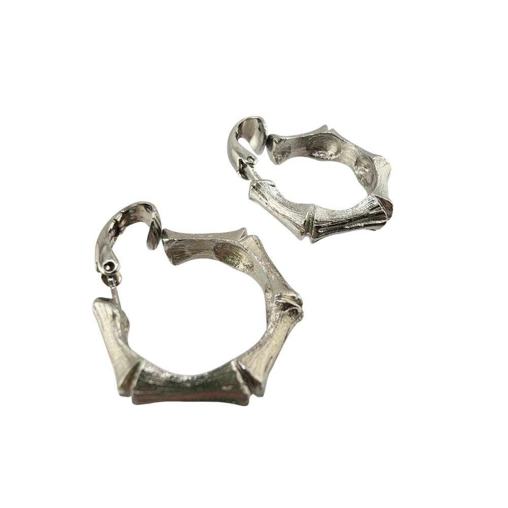 Vintage Silver Bamboo Hoop Clip‑On Earrings Textured Segment Design, Retro Style